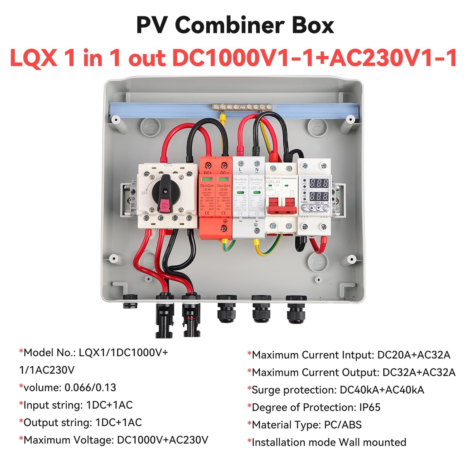 DC 1000V / AC 230V Distribution Box Photovoltaic DC Combiner Box IP65 Waterproof for Home Industrial Park Commercial Building Warehouse