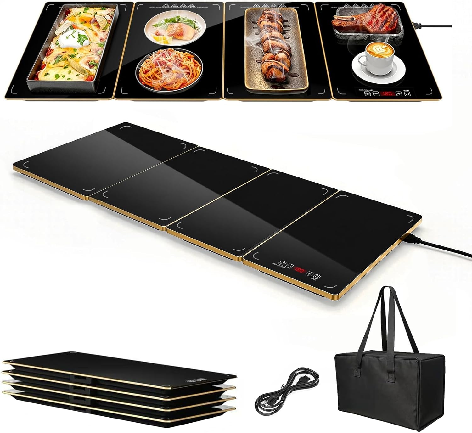 Electric Warming Tray XXL 35"x16" with Storage Bag, Adjustable‑Size Food Warming Mat, 4‑in‑1 Expandable Modular, Food Warmer for Parties, Buffet, Catering & Gatherings, 8‑Level Temp & Timer, Gold Edge