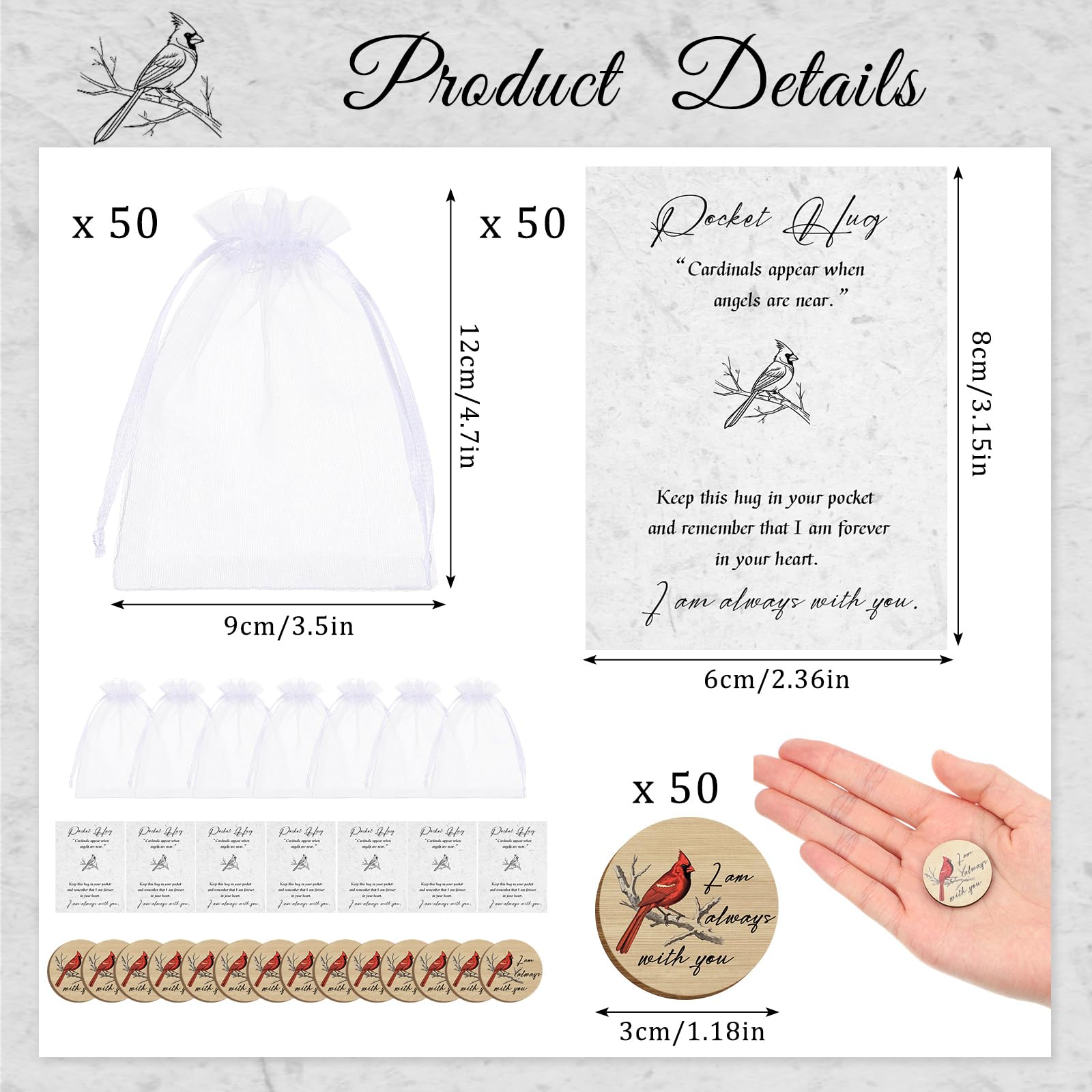 Clabby 50 Set Funeral Favors Celebration of Life Favors Wooden Red Cardinal Pocket Hug Token Funeral Prayer Card Organza Bag Cardinal Memorial Gift for Guests Family Prayer Church Favor Decorations - Image 2