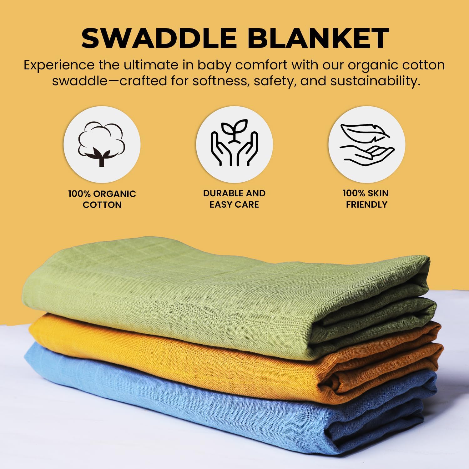 Organic Muslin Swaddle Blankets, 100% Organic Cotton, Baby Wrap for Boys and Girls, Soft Breathable and Skin-Friendly, Newborn Blankets, Baby Essentials, Registry&Gift, 3-Pack, Large 47 x 47 inches