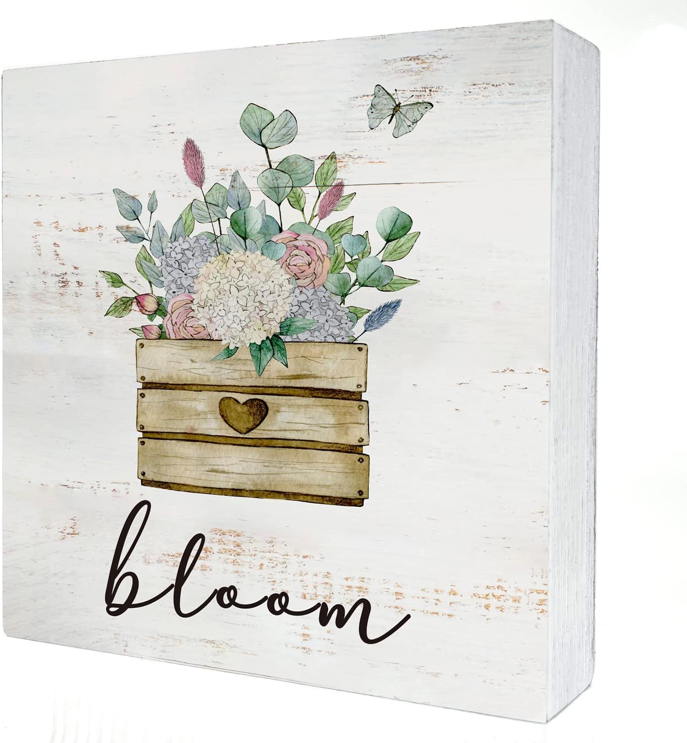 Bloom Wood Box Sign Home Decor Rustic Spring Flowers Bloom Wooden Box Sign Block Plaque for Wall Tabletop Desk Home Decoration