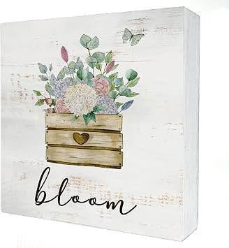 Bloom Wood Box Sign Home Decor Rustic Spring Flowers Bloom Wooden Box Sign Block Plaque for Wall Tabletop Desk Home Decoration