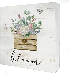 Bloom Wood Box Sign Home Decor Rustic Spring Flowers Bloom Wooden Box Sign Block Plaque for Wall Tabletop Desk Home Decoration