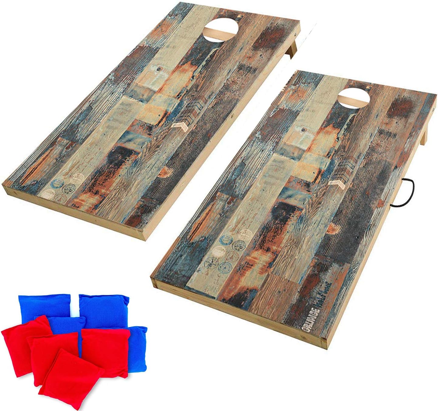 UKASE Solid Wood Cornhole Set Portable Toss Game with Bean Bags, Durable Wood Grain Printed Surface and Underneath for Indoor and Outdoor (Junior, Tailgate, Regulation)