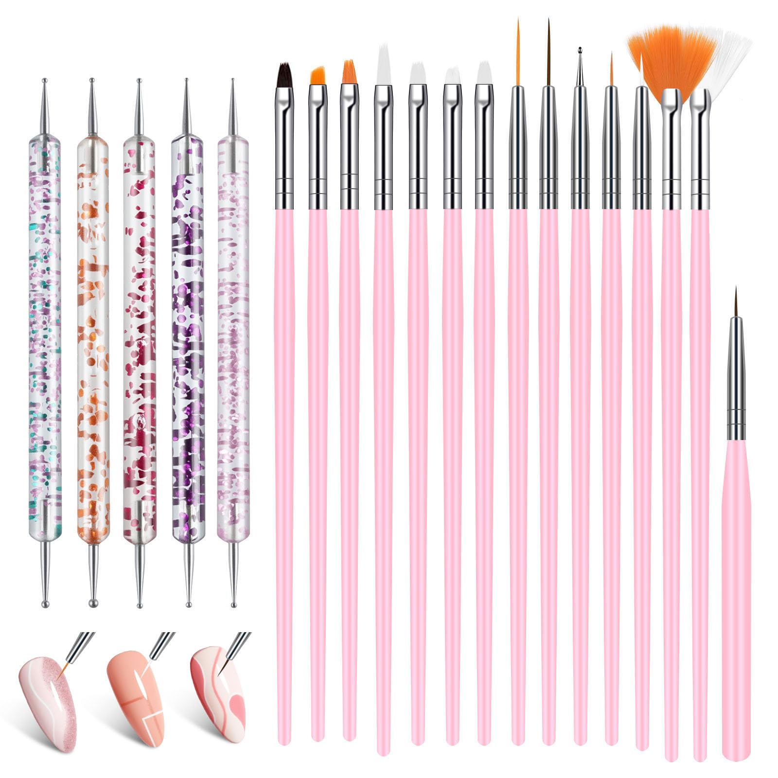 Juego de 20 pinceles de uñas, 15 Pinceles y 5 Punzones Incluidos, acrílicos para decoración de uñas, Pincel para Arte de Uñas Para Uñas DIY, Pinceles, Detalles, Mezcla etc, Rosa