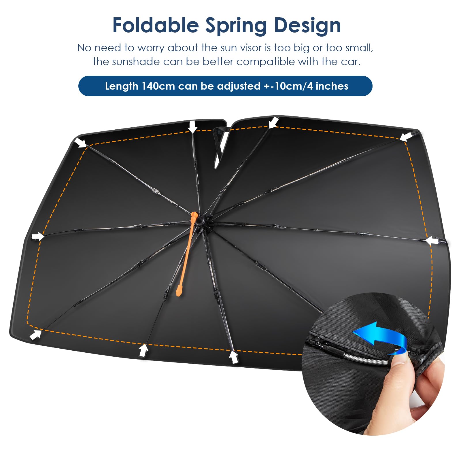 Parasole Parabrezza Auto 360° Rotante con Design a Molla Pieghevole 10 Nastri Protezione Solare Blocco UV Anteriore 140 * 74 cm