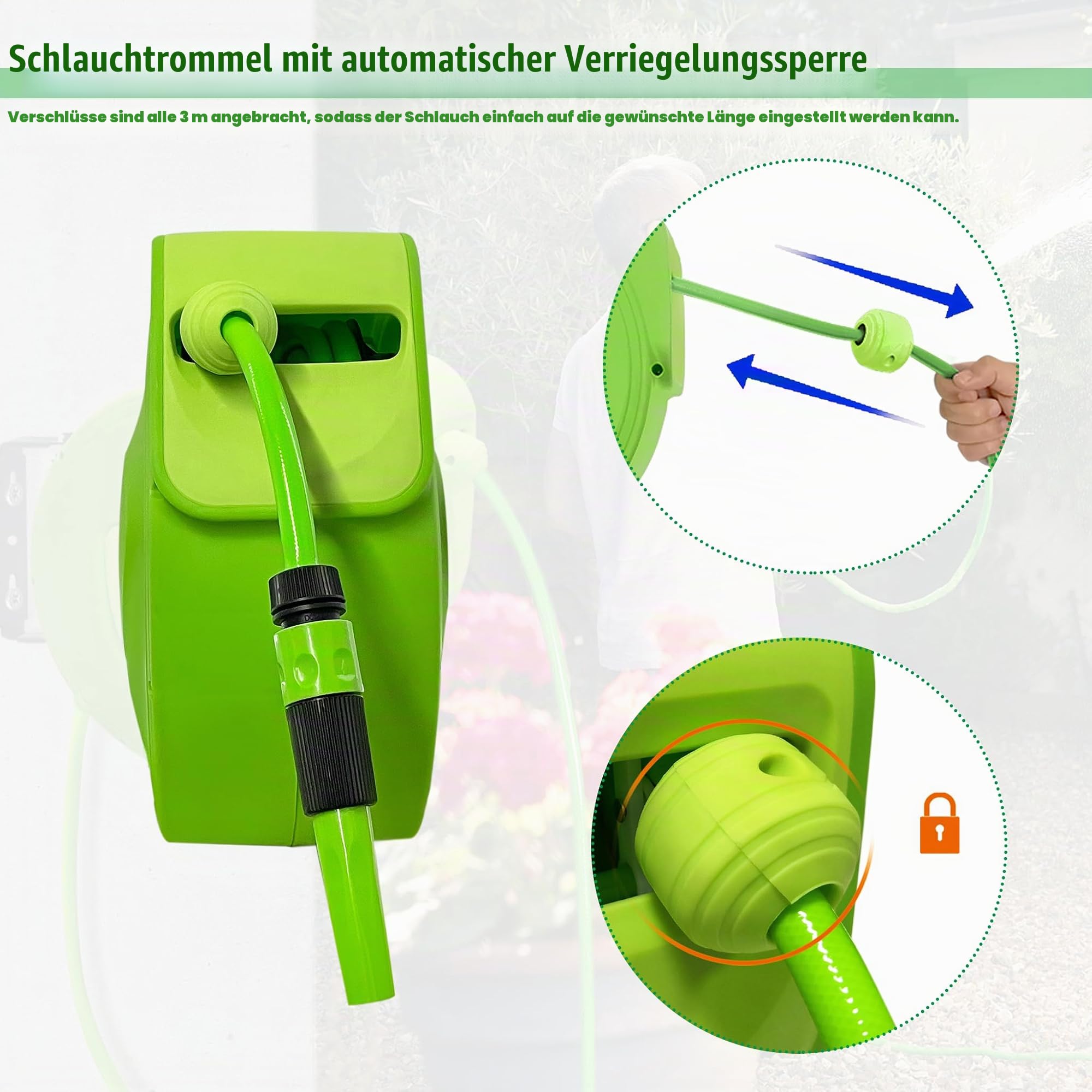 180° Schwenkbare Wandmontage Schlauchtrommeln, 20m Automatik Aufrollung PVC Gartenschlauch-Trommel mit 2m Inlet Schlauch, Wetterfeste PP Gehäuse & 9 Sprühmuster, Schlauchbox Gießen Autowaschen