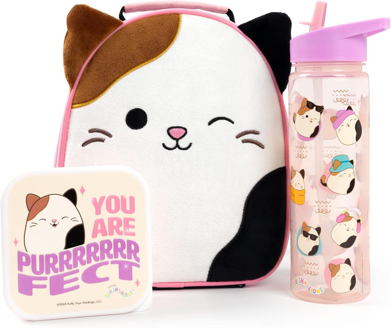 Squishmallows Girls Lunch Bag Set | Kids 3 Piece Bundle with Fluffy Dinner Bag, Water Bottle & Snack Pot | Childrens Plush Cam the Cat Zip Bag with 3D Ears in Pink & Purple | Back to School Gifts