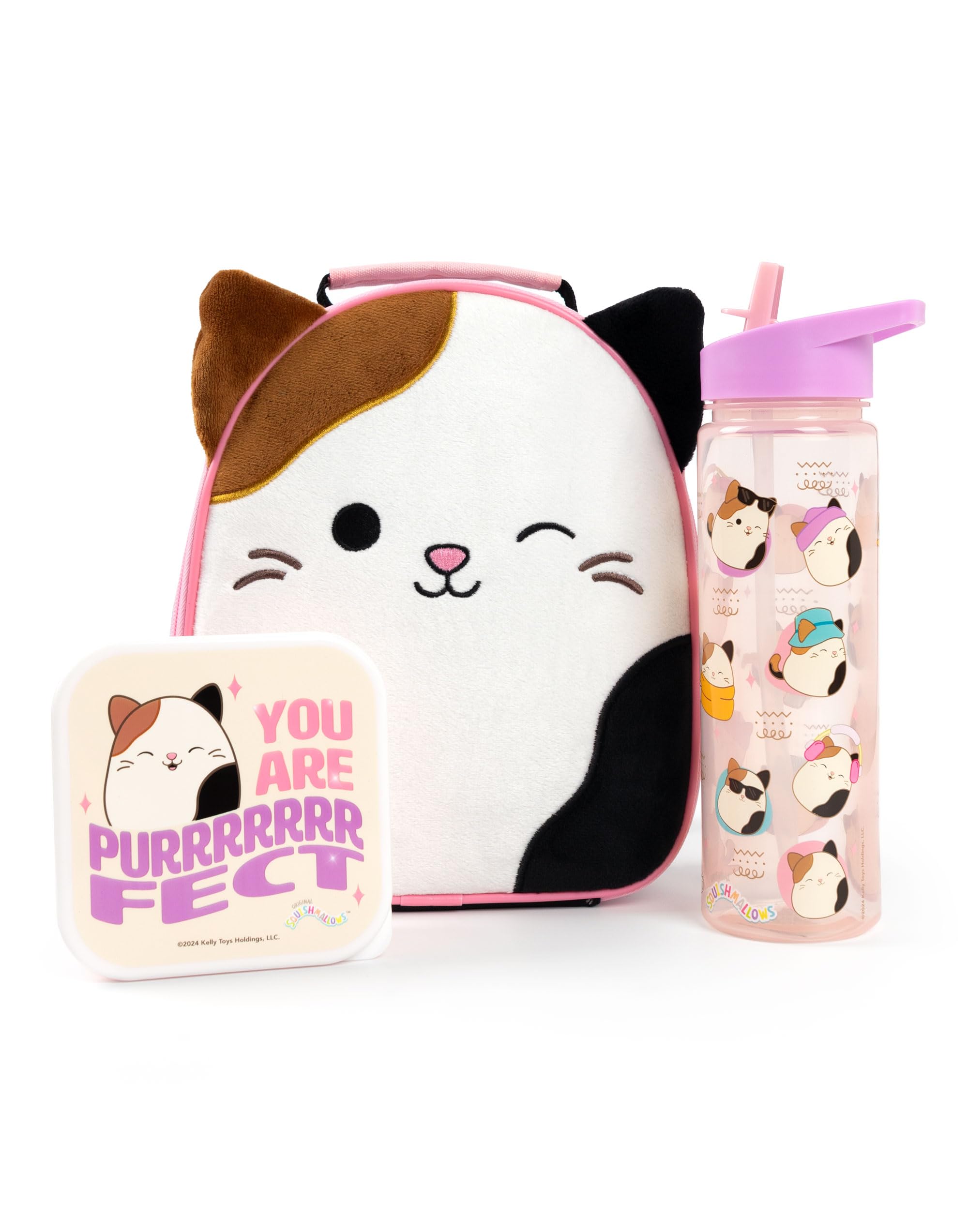 Squishmallows Girls Lunch Bag Set | Kids 3 Piece Bundle with Fluffy Dinner Bag, Water Bottle & Snack Pot | Childrens Plush Cam The Cat Zip Bag with 3D Ears in Pink & Purple | Back to School Gifts