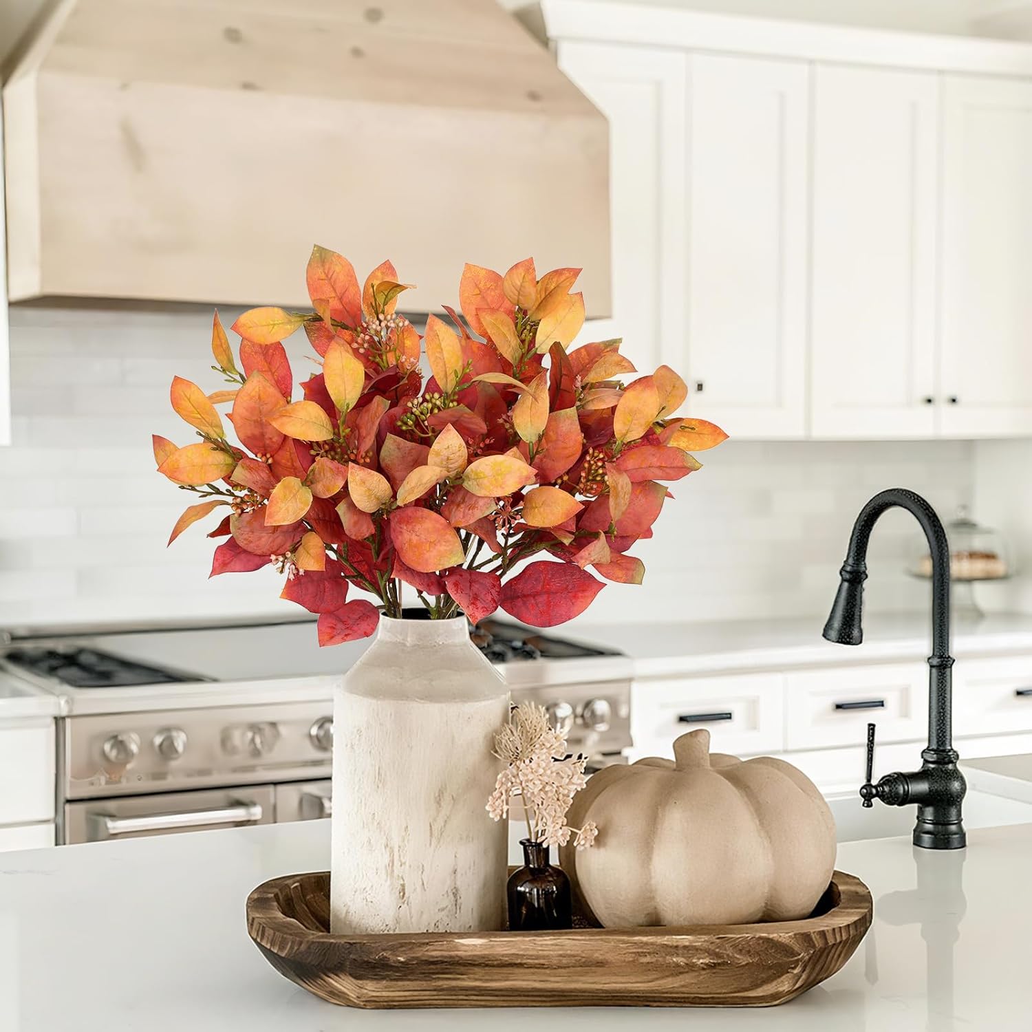 18" Artificial Fall Leave Bunches with Flower Seeds Branches for Autumn Decor, 3 Pcs Faux Burning Bush Leaves Bundles with Stems for Floral Arrangements, Thanksgiving & Wedding Centerpiece, Flame Red - Image 5