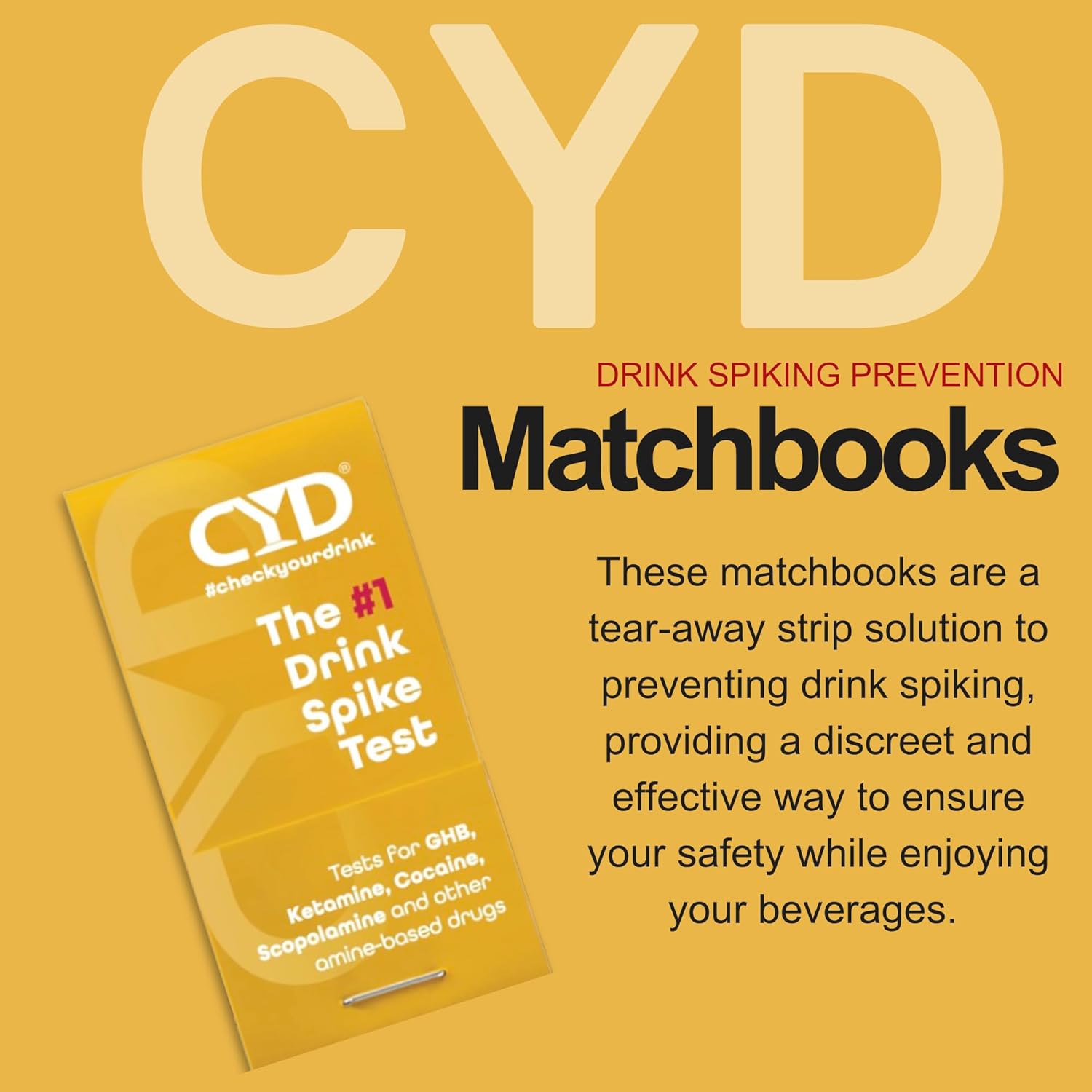 Check Your Drink Matchbook. Avoid Drink Spiking. Detect GHB or KETA Using The Personal Test Strips. - Each Match Book Contains 8 Tear-Away Test Strips (Pack of 5)
