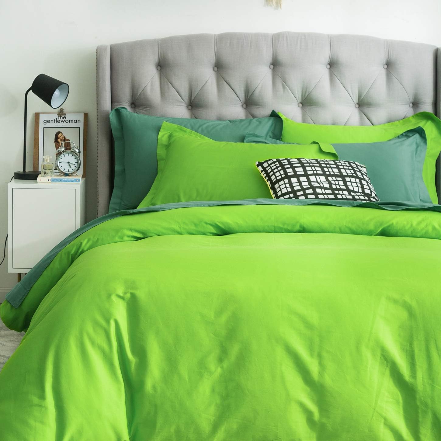 SUSYBAO Bright Green Duvet Cover Twin 100% Cotton 2 Pcs Set 1 Single Light Green Duvet Cover with Zipper Ties 1 Pillow Sham Farmhouse Neon Green Bedding Set Soft Comfortable