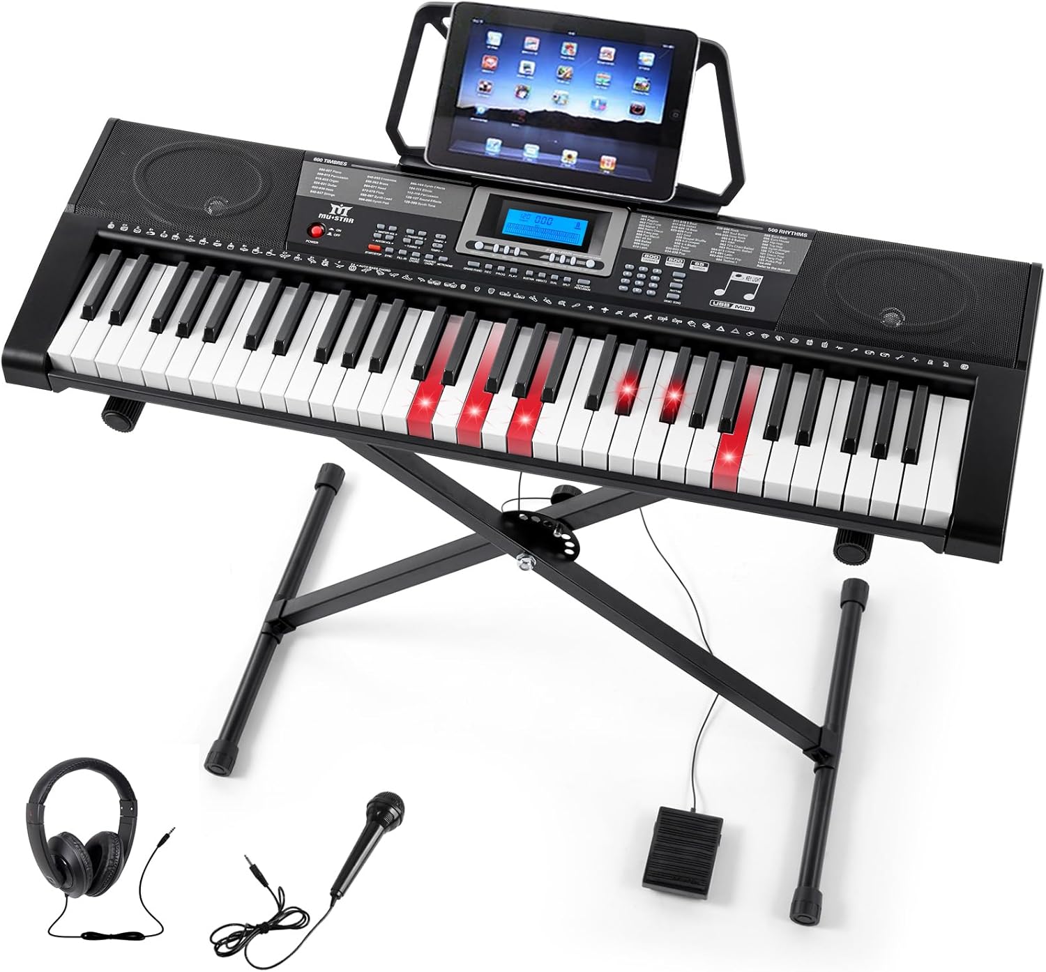 ( similar item) MUSTAR Piano Keyboard, 61 Key Keyboard Piano with Lighted Up Keys, Electric Piano Portable Piano Keyboard for Beginners with Stand, Sustain Pedal, Headphones, Microphone Lighted-Up Keys