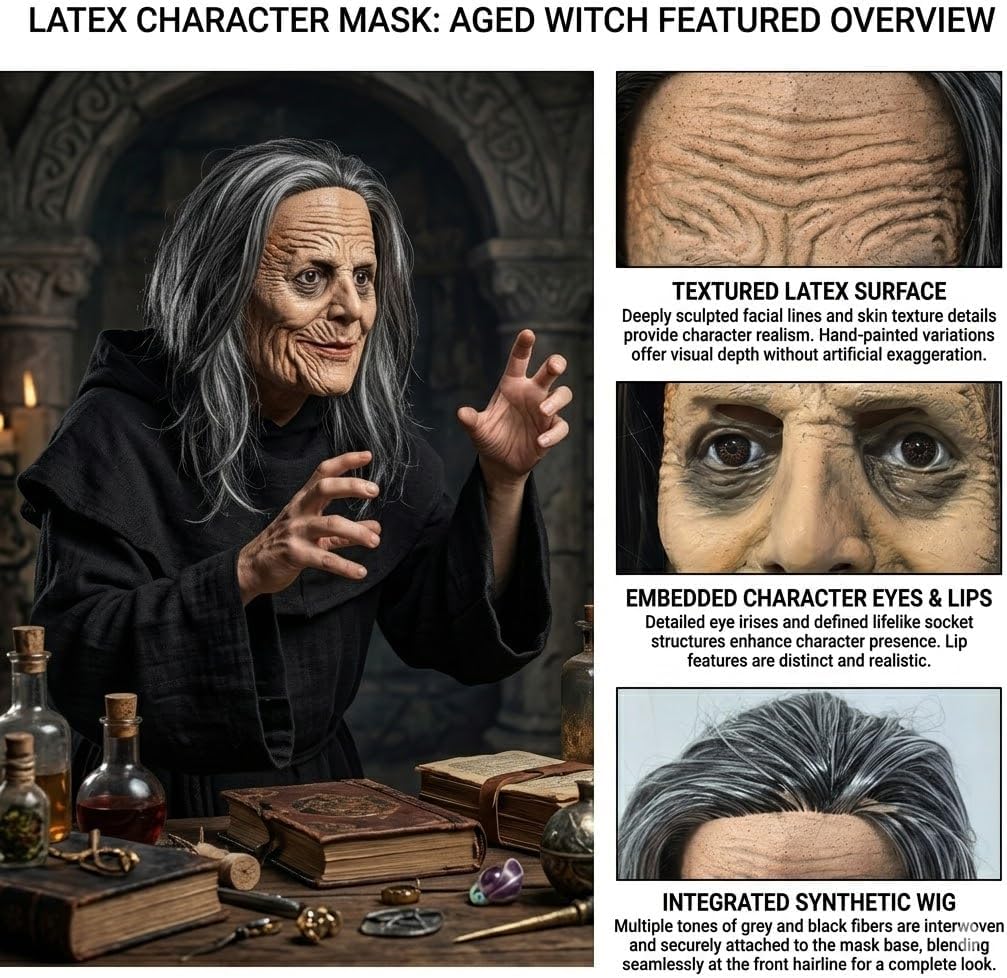 Realistic Black-haired Old Lady Latex Masks Rave Party Horror Witch Mask Halloween Lifelike Granny Cosplay Costume Props