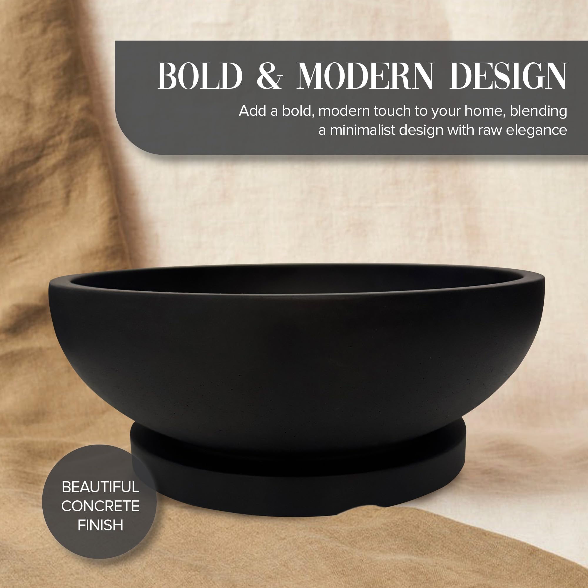 FUINTRA Concrete Fruit Bowl – Modern Decorative Bowl for Home & Kitchen | Large Heavyweight Centerpiece for Keys, Fruit, or Table Decor (Black)