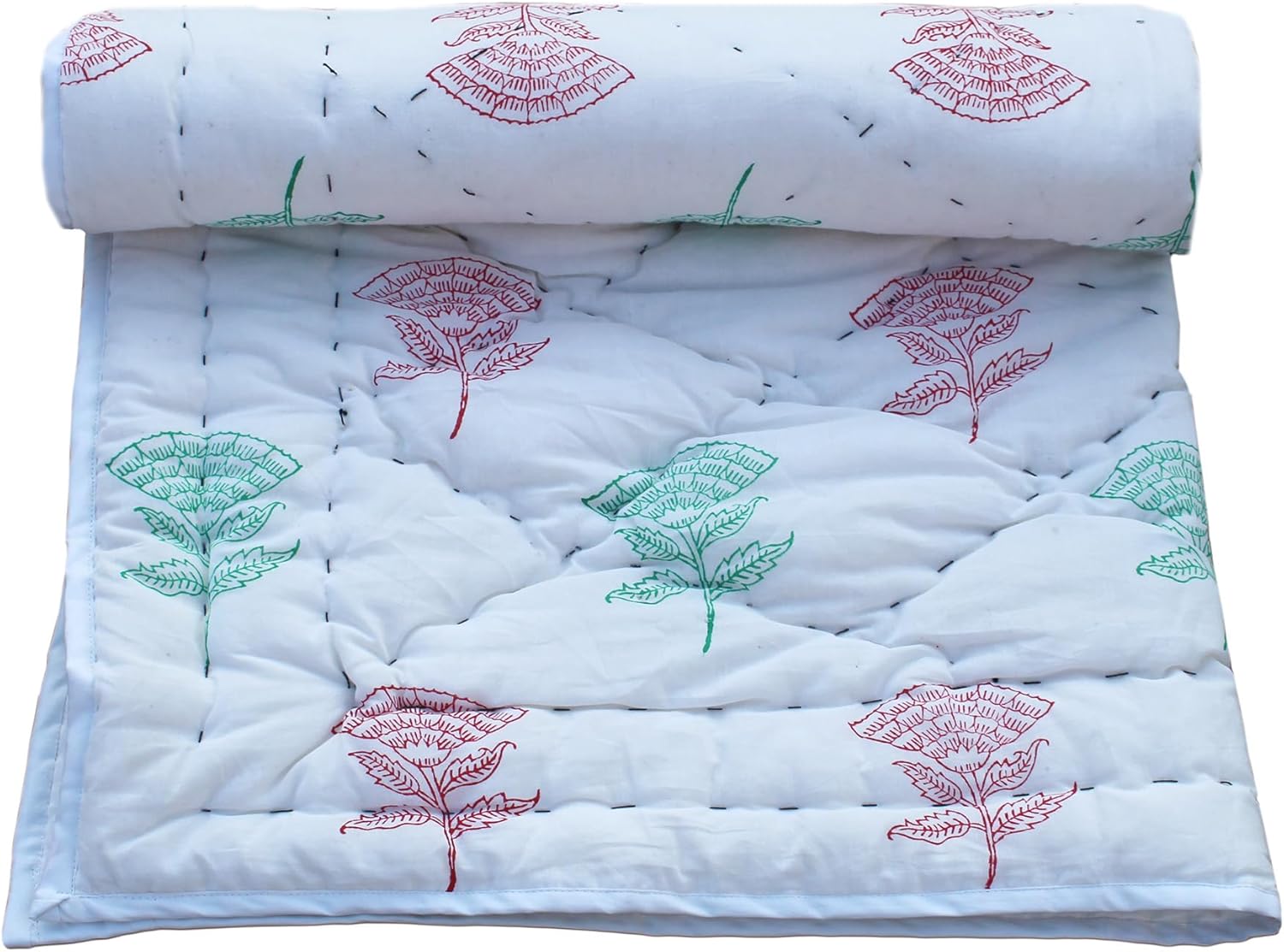 Aashita Creations Toddler Hand Work Kantha Cotton Baby Quilt, Bedspread Throw Floral Printed Baby Quilt_1098