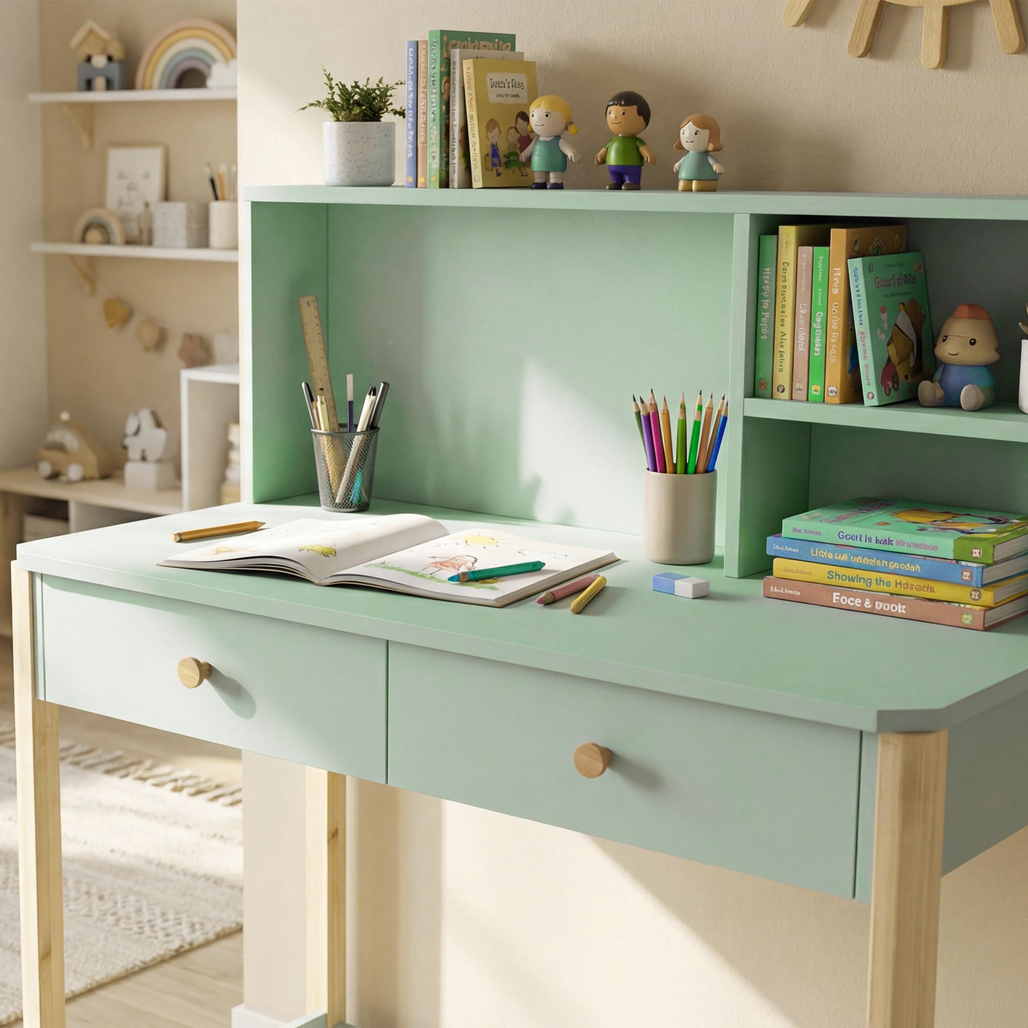 AIYAPLAY Bureau Enfant en Bois avec Grand Plateau 75H cm, 2 Tiroirs, 3 Compartiments Ouverts, Table Étude Dessin Lecture, 5-12 Ans, Vert