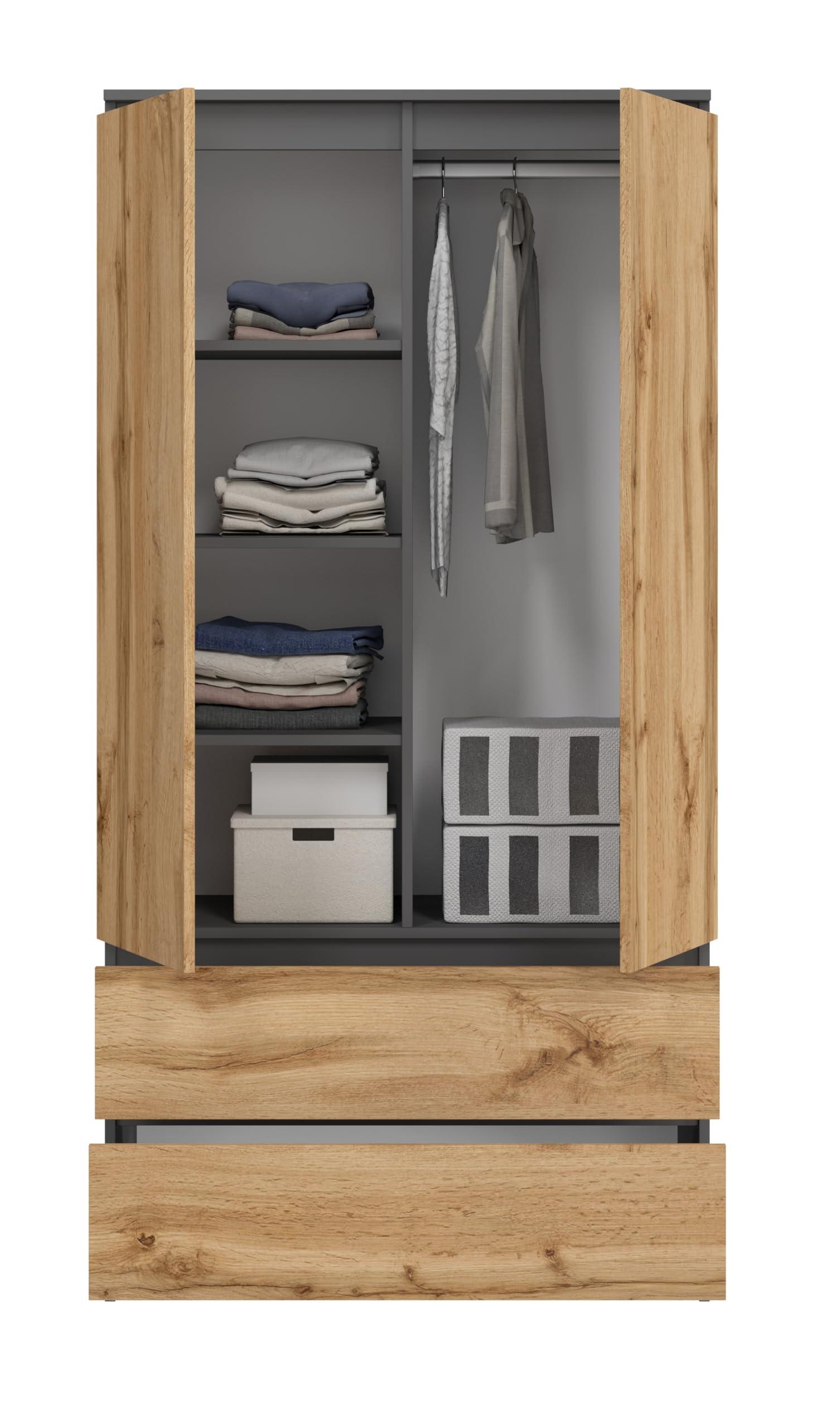 Großer Kleiderschrank, Schrank mit 4 Türen, 2 Schubladen, 6 Einlegeböden und Kleiderständer, Mehrzweckschrank, Garderobenschrank 235x90x50,5cm (Grafit/Eiche Wotan)