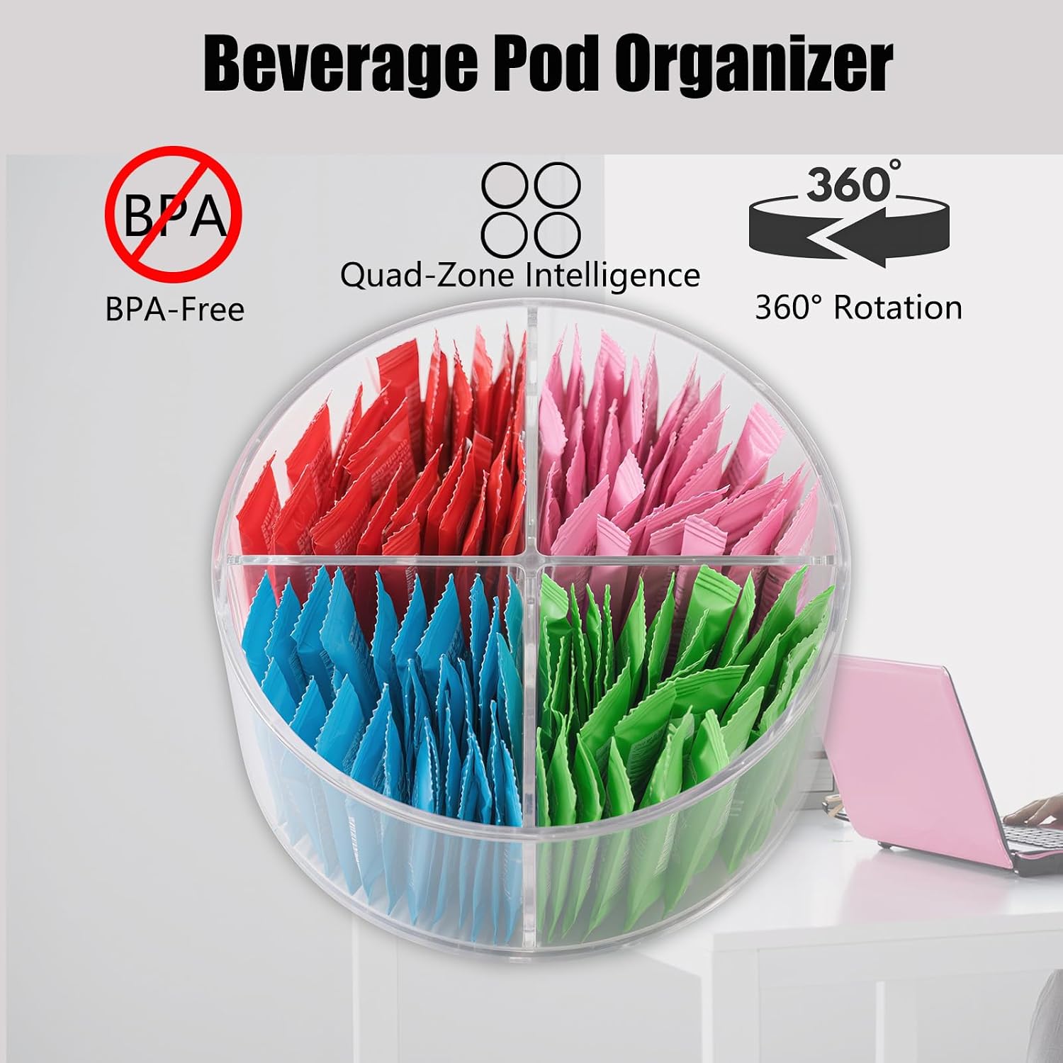 360° Spinning Drink Packet Organizer, Clear BPA-Free Plastic 4-Section Clear Storage for Coffee, Sugar & Drink Mixes | Stackable Kitchen & Pantry Container