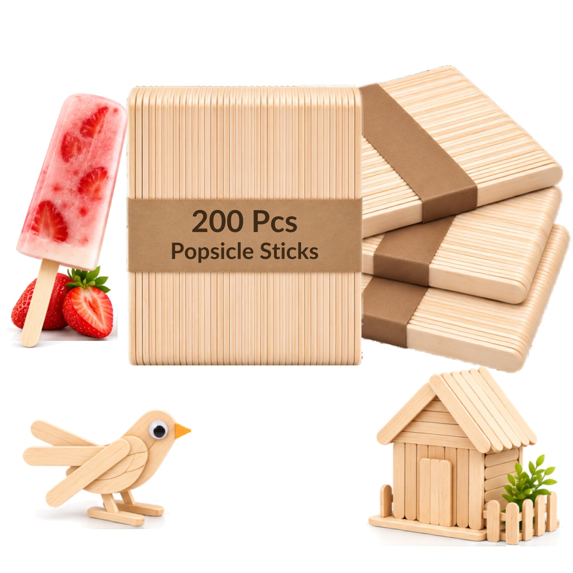 Paquete de 200 palitos de madera de abedul natural de grado alimenticio de 4.5 pulgadas para manualidades, palitos de helado, encerado, depresor de lengua, manualidades y proyectos de arte
