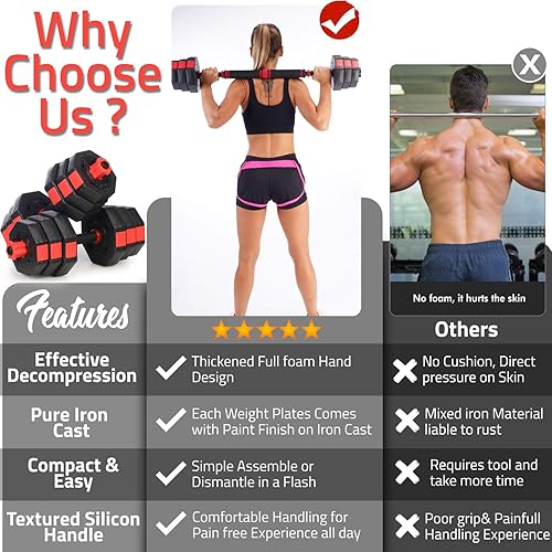 Miniatura 6 de Juego de mancuernas ajustables para levantamiento de pesas, juego de mancuernas para hombres y mujeres, juego de pesas con barra de conexión, peso