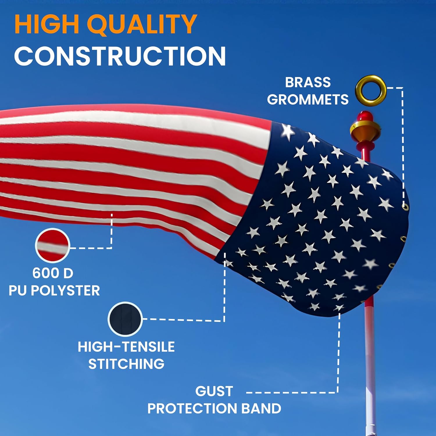 10"x36" USA Windsock | Heavy Duty Outdoor Wind Sock | Waterproof, UV Fade Resistant, Quad Stitched, Zip Ties Included | Ideal for Agriculture, Hangars, Farms | American Flag Design