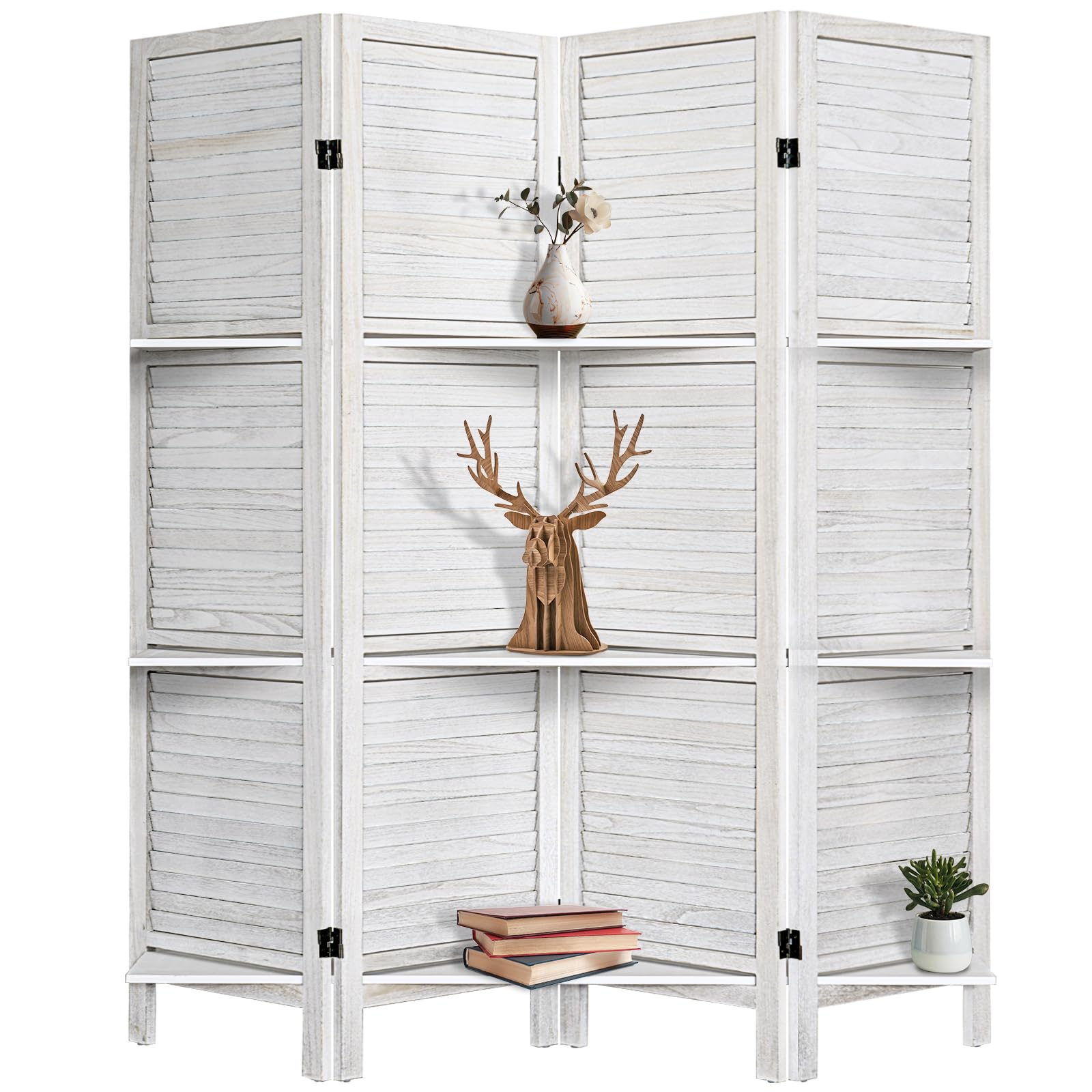 Room Divider with Shelves, Privacy Screen, Room Dividers and Folding Privacy Screens, 4 Panel Wood Temporary Wall Partition Separation Separator, Coconut