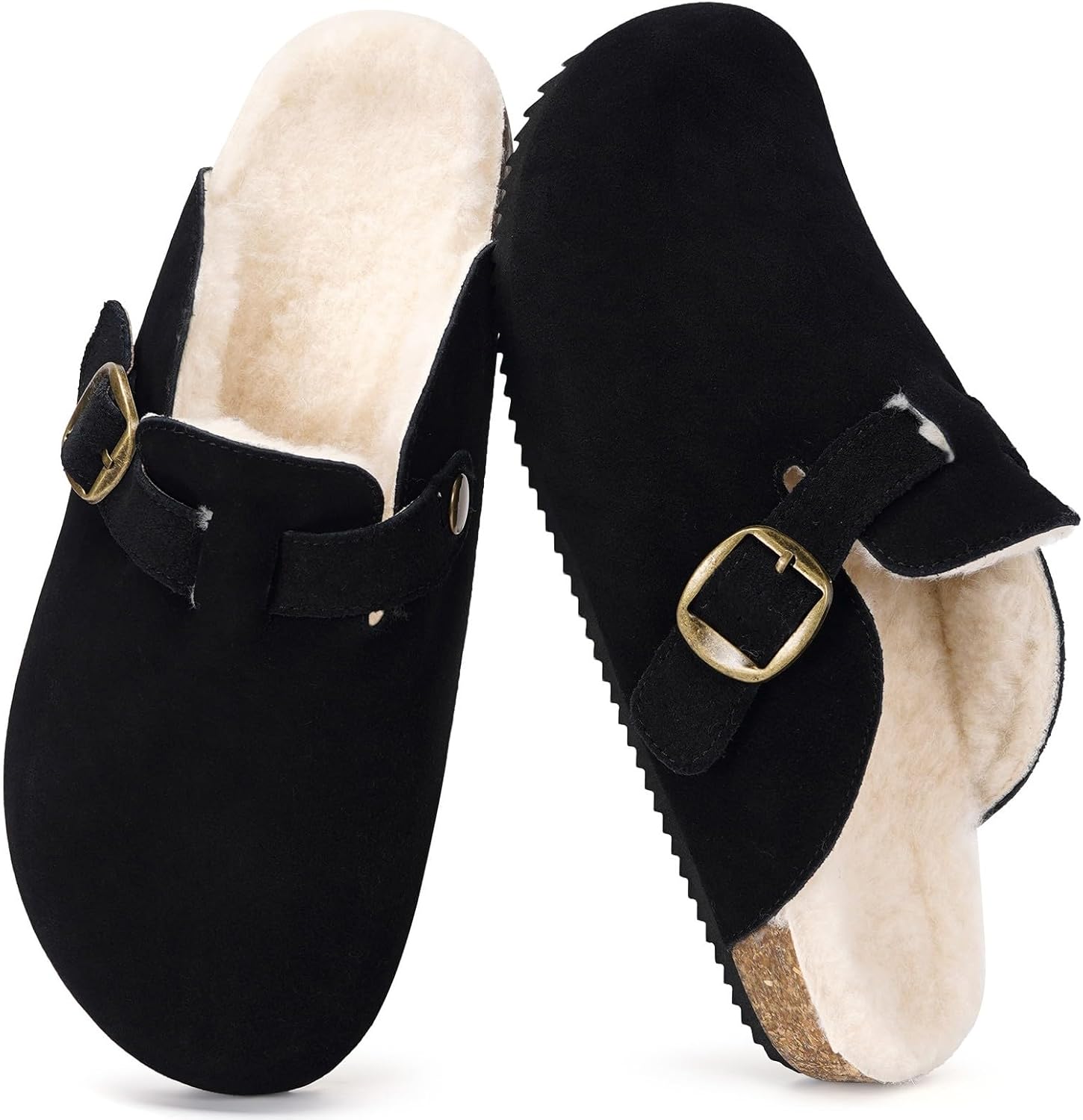 Womens Fur Lined Suede Clogs Mens Fuzzy Leather Mules Cork Footbed Slip On Winter Potato Shoes with Arch Support