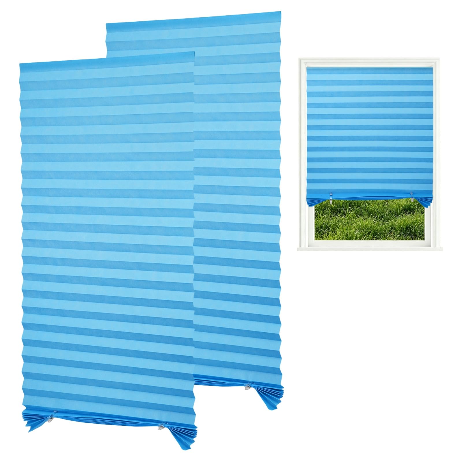 sourcing map 2 Pack No Drill Blinds for Windows, 60 x 180 cm Stick on Blackout Temporary Blinds Curtains with 4 Clips for Bedroom Kitchen Bathroom, Blue