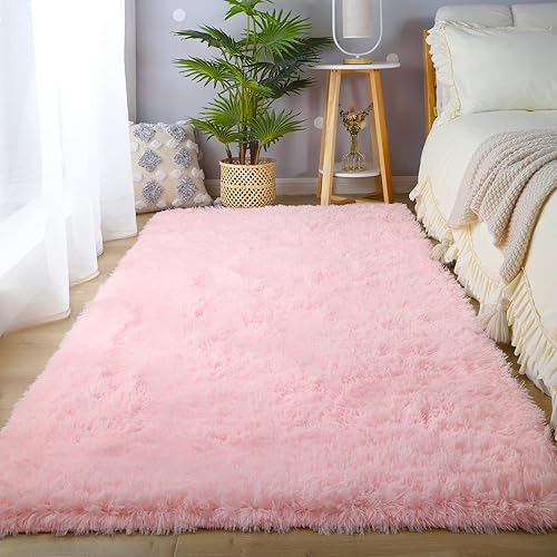 Miniatura 1 de Alfombra rosa suave para dormitorio de niñas, 3 x 5 pies, alfombra de área peluda para sala de estar, alfombra grande y cómoda antideslizante
