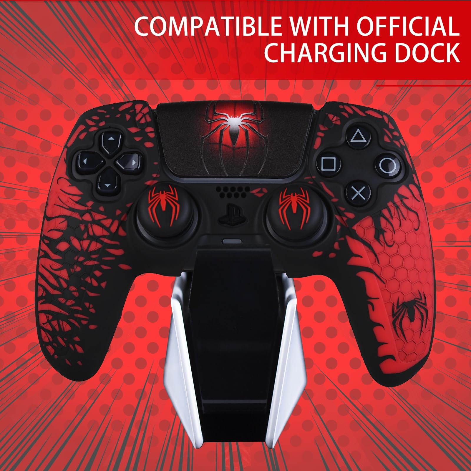 Cover in silicone antiscivolo per controller PS5 con tappi per levette * 2 & adesivo * 1 tema ragno