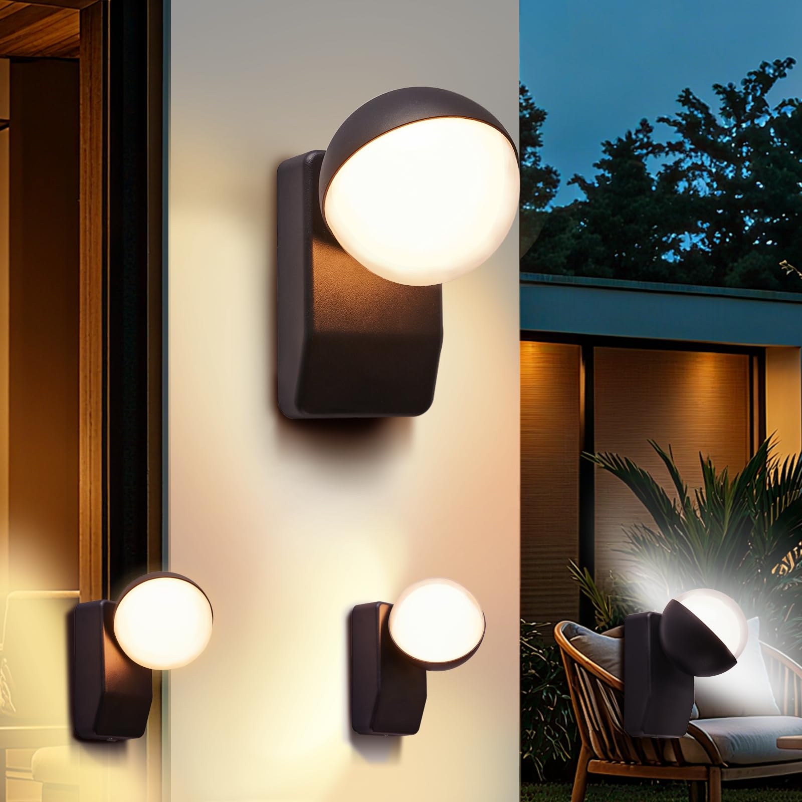CELAVY 350° Adjustable Outside Wall Lights, Black Outdoor Lights Mains Powered, IP65 Waterproof Front Door Porch Coach Light, Round LED External Modern Exterior Lighting for House, 3000K/4000K/6500K