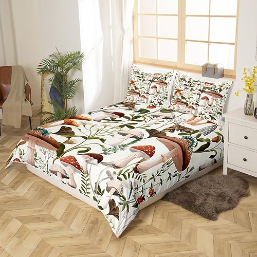 Miniatura 163 de Juego de funda de edredón de 3 piezas, diseño de hongos, diseño de hojas botánicas de acuarela y fresa, para niños, adolescentes, adultos, libélula