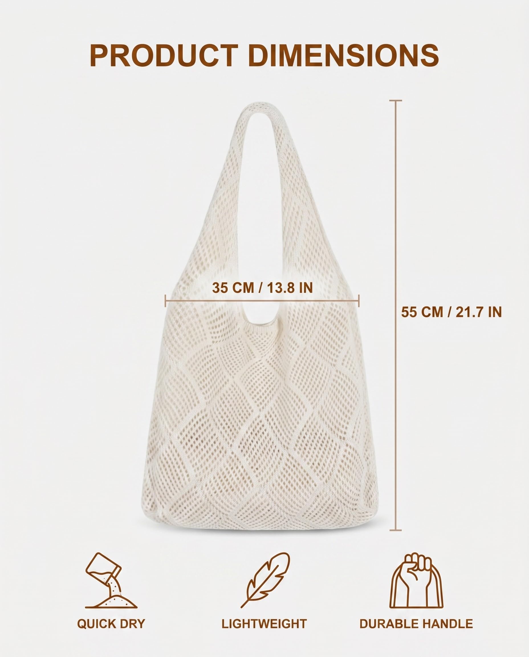 Borsa Mare Donna 1 Pezzo, All'Uncinetto Tracolla Robusta Bianco Avorio, Leggera con Rete Aperta per Svuotamento Sabbia Rapido, Vacanze Estive.