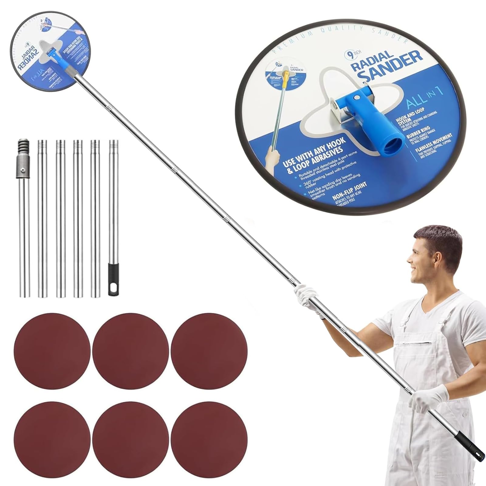 Drywall Pole Sander, 12.5-65 Inch Adjustable Sanding Pole for Walls & Ceilings - Wall Sander with Pole Includes 6 Sanding Sheets (80 to 320 Grit) for Sanding High Ceilings(Blue)