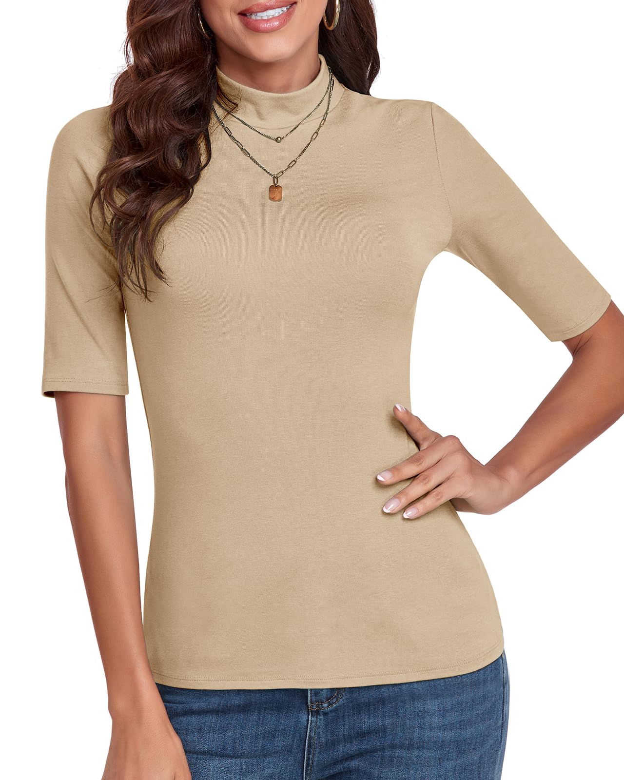 WOWENY Women's Short Sleeve Pullover Elegant 1/2 Sleeve T-Shirt with Elastic Stand-Up Collar Turtleneck T-Shirt Cotton Basic Tops Blouse Shirt