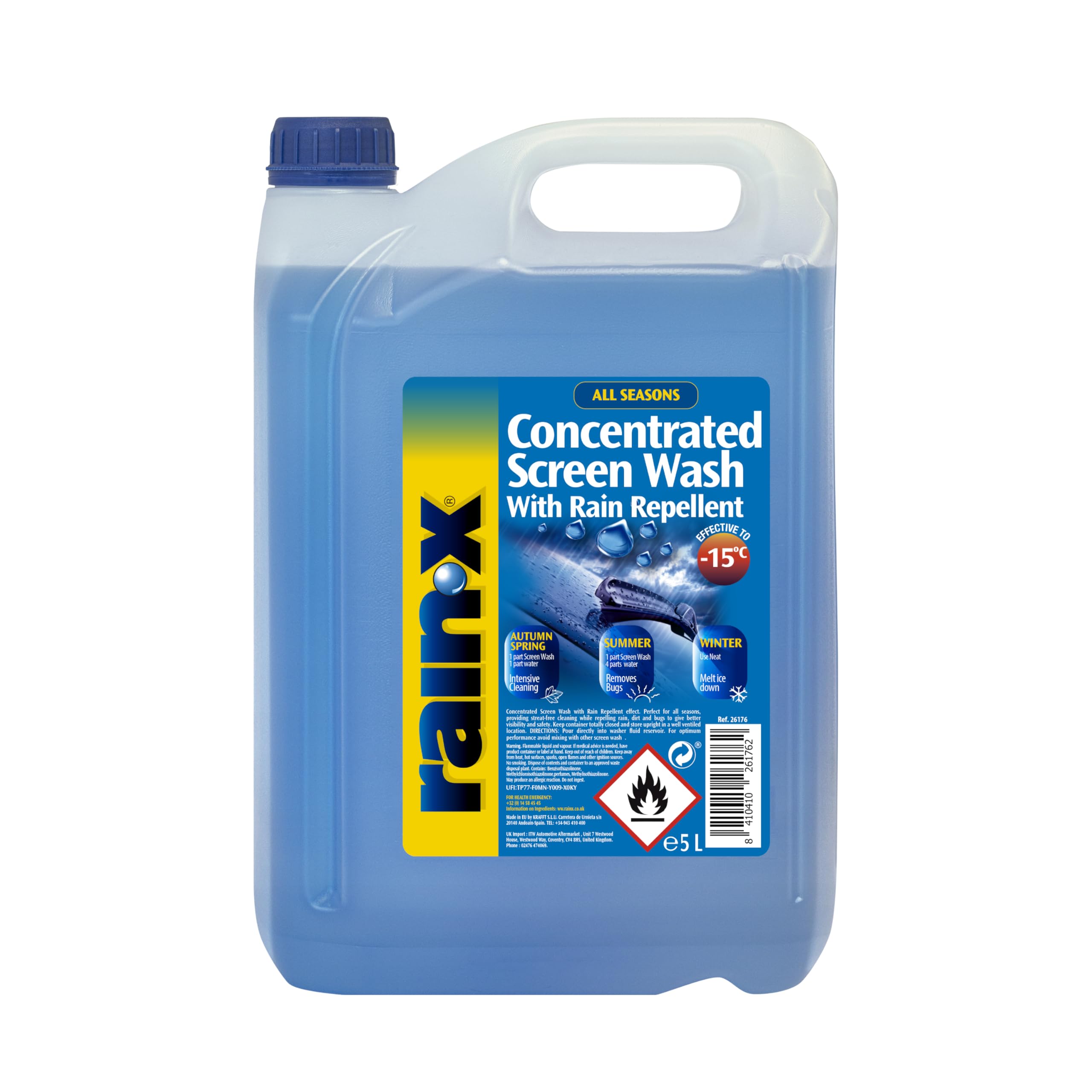 Rain-X Concentrated Screenwash with Rain Repellent - Superior Visibility & Protection for All Seasons - Prevents Freezing Down to -15°C - Streak-Free & Water-Repellent Formula - 5L