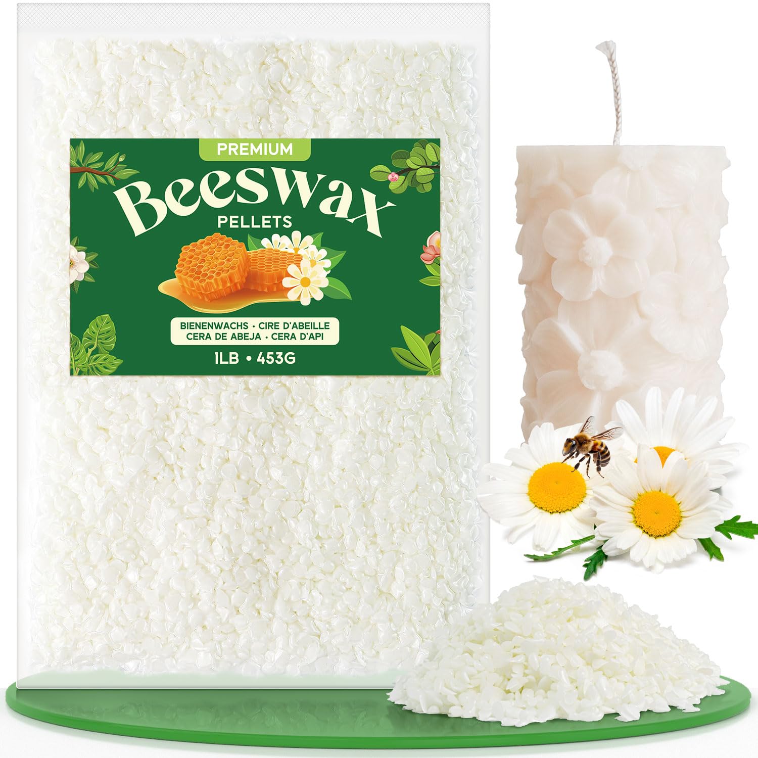 NORVENCE Beeswax Pellets 450g/2.2kg/4.5kg, Pure & Natural White Beeswax for Candle Making, Lip Balm, Soap, Lotion, Creams and Candle Making Supplies – 450g
