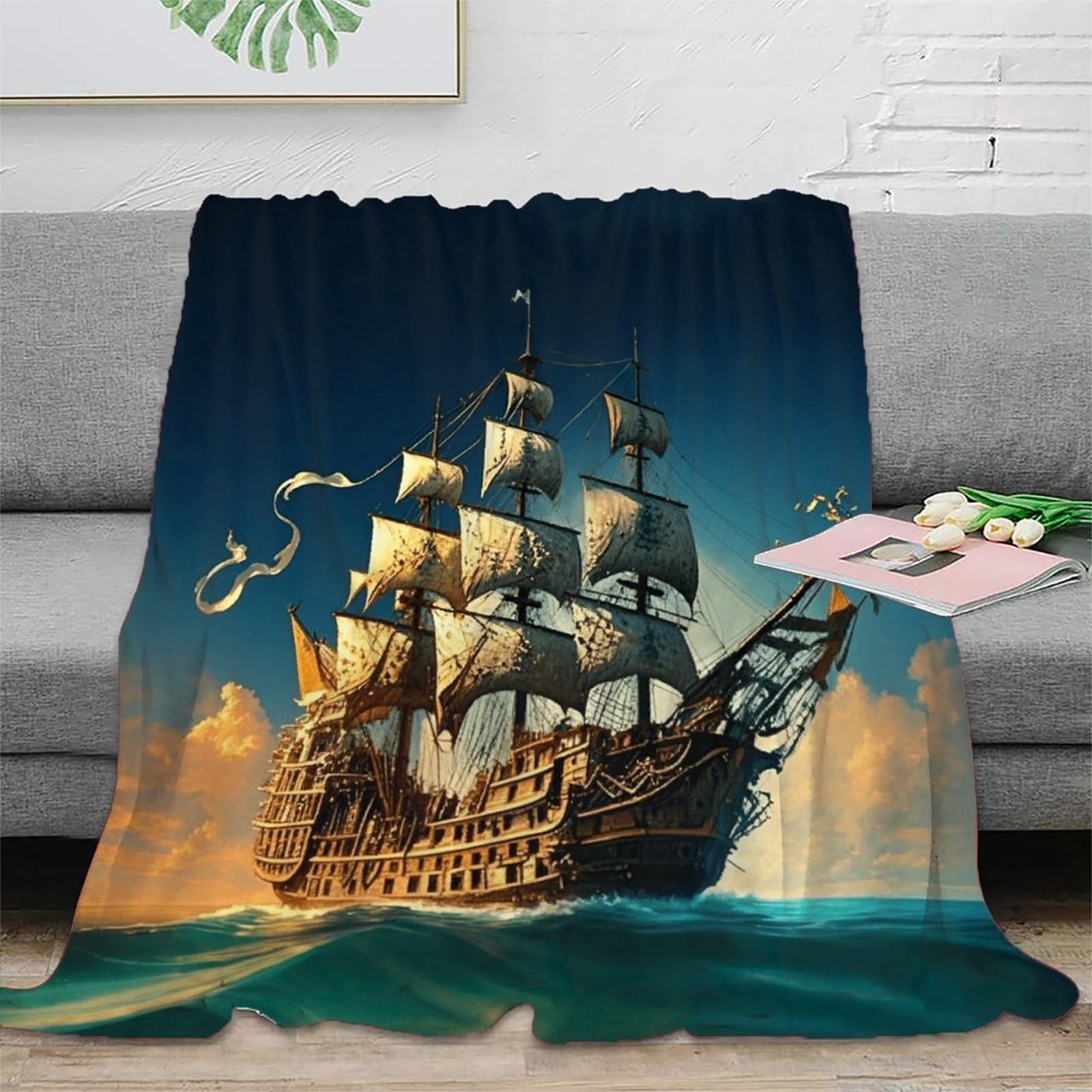 DAFUfbw Fleece Pirate Boat Throw Blanket for Couch And Bed, 80x90inch(200x230cm) Soft Cozy Jacquard Flannel Sailboat Blankets, Lightweight Fuzzy Plush Warm Throws for All Seasons