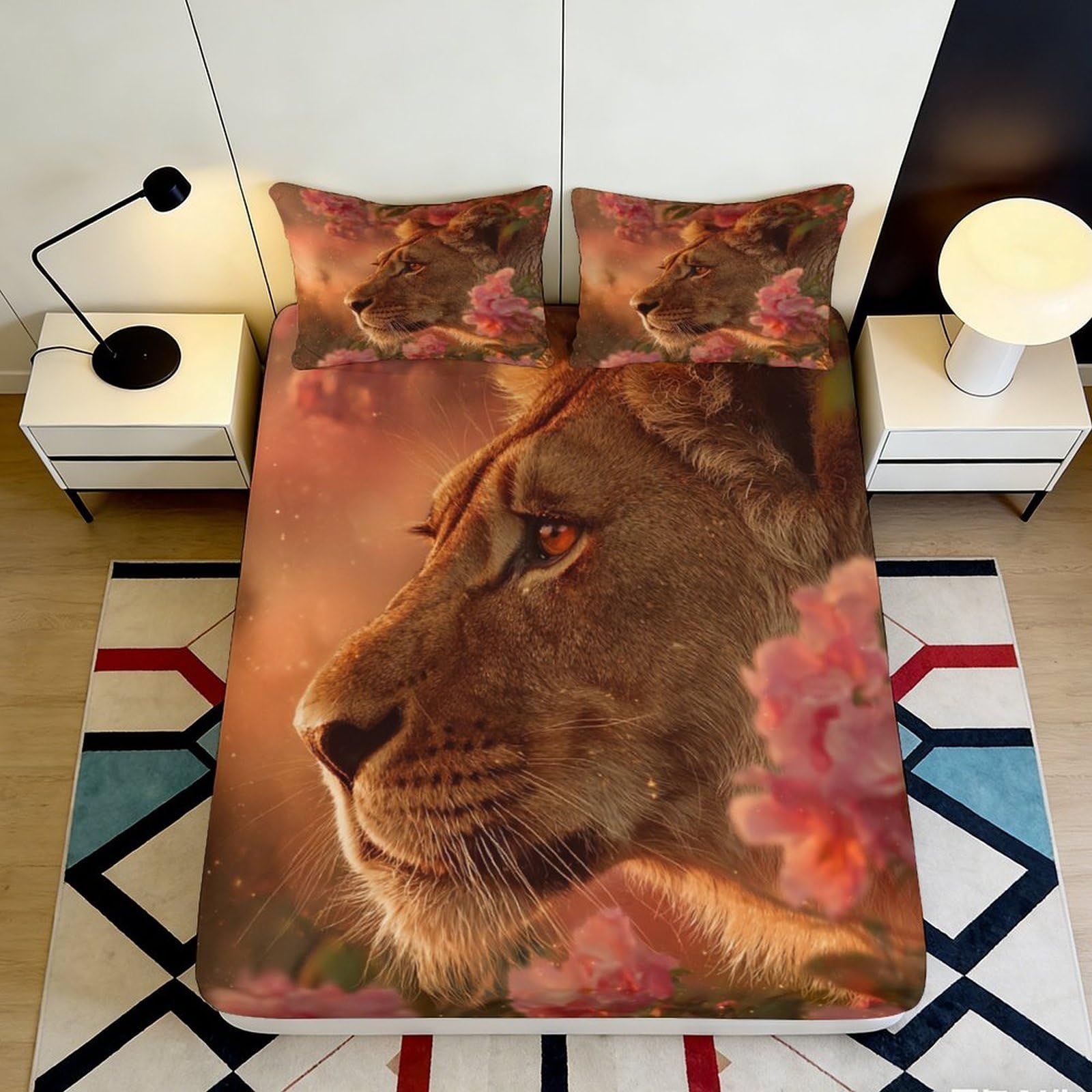 Decorative Lion Fitted Sheet 3D Printed, Microfiber Soft Touch, Bed Cover for Home Bedroom or Guest Room, Wrinkle Resistant, Apartment Bedding, Easy Care, 115 chars 90x200x25cm