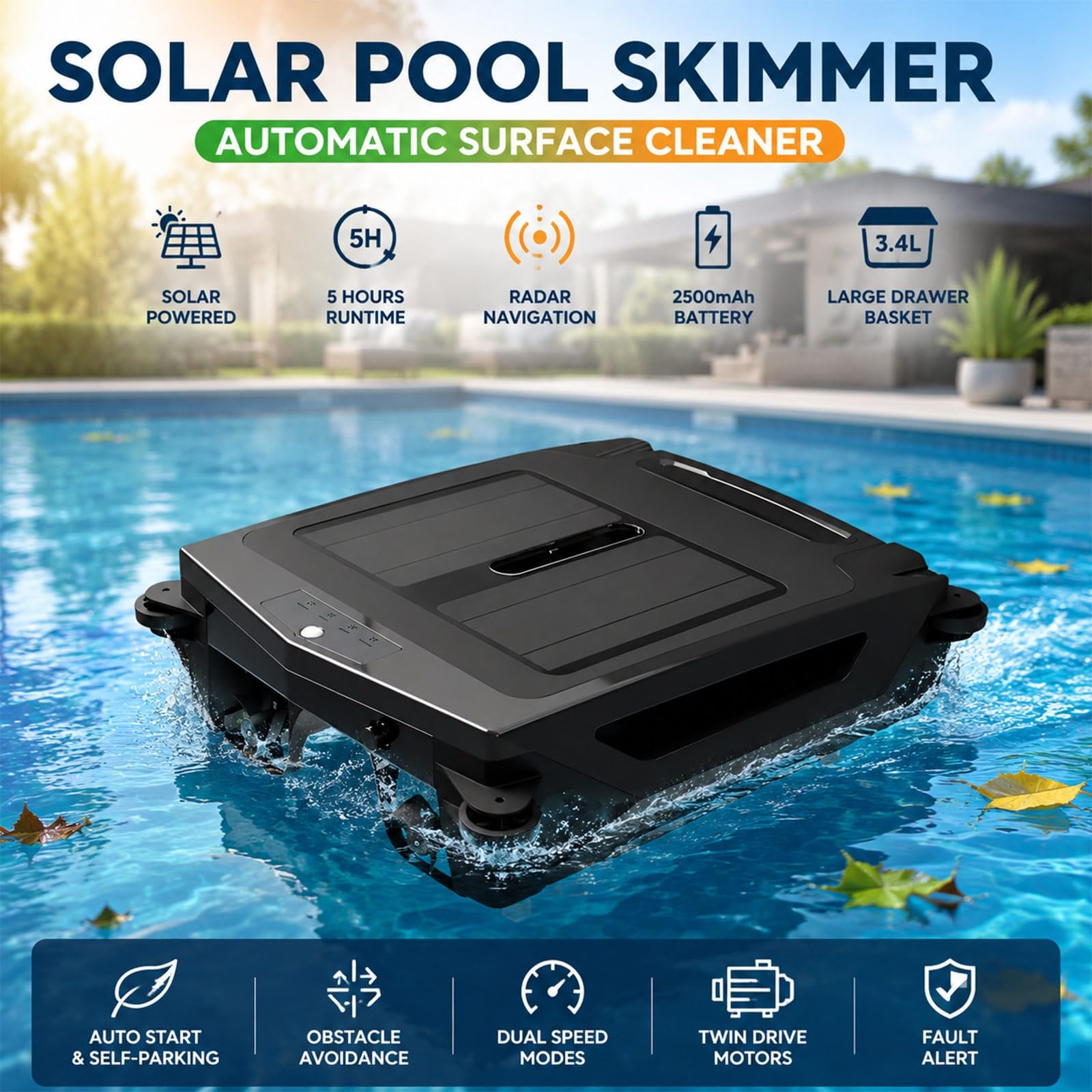 Skimmer de Superficie Solar Automático, Robot Aspirador Piscina Flotante | Sin Cable con Filtro Fino de 400um para Tanque Grande, Mantenimiento Ecológico
