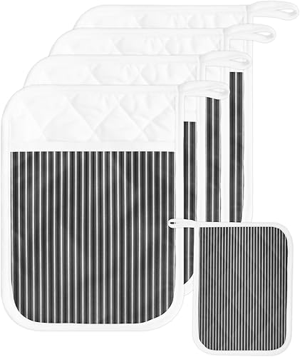 Geometric Grey 5Pcs Pot Holders for Kitchen,Non Slip & Heat Insulation Terry Cloth Potholder Set with Pocket,Thick Hot Pad Oven Mitts Trivet Coaster