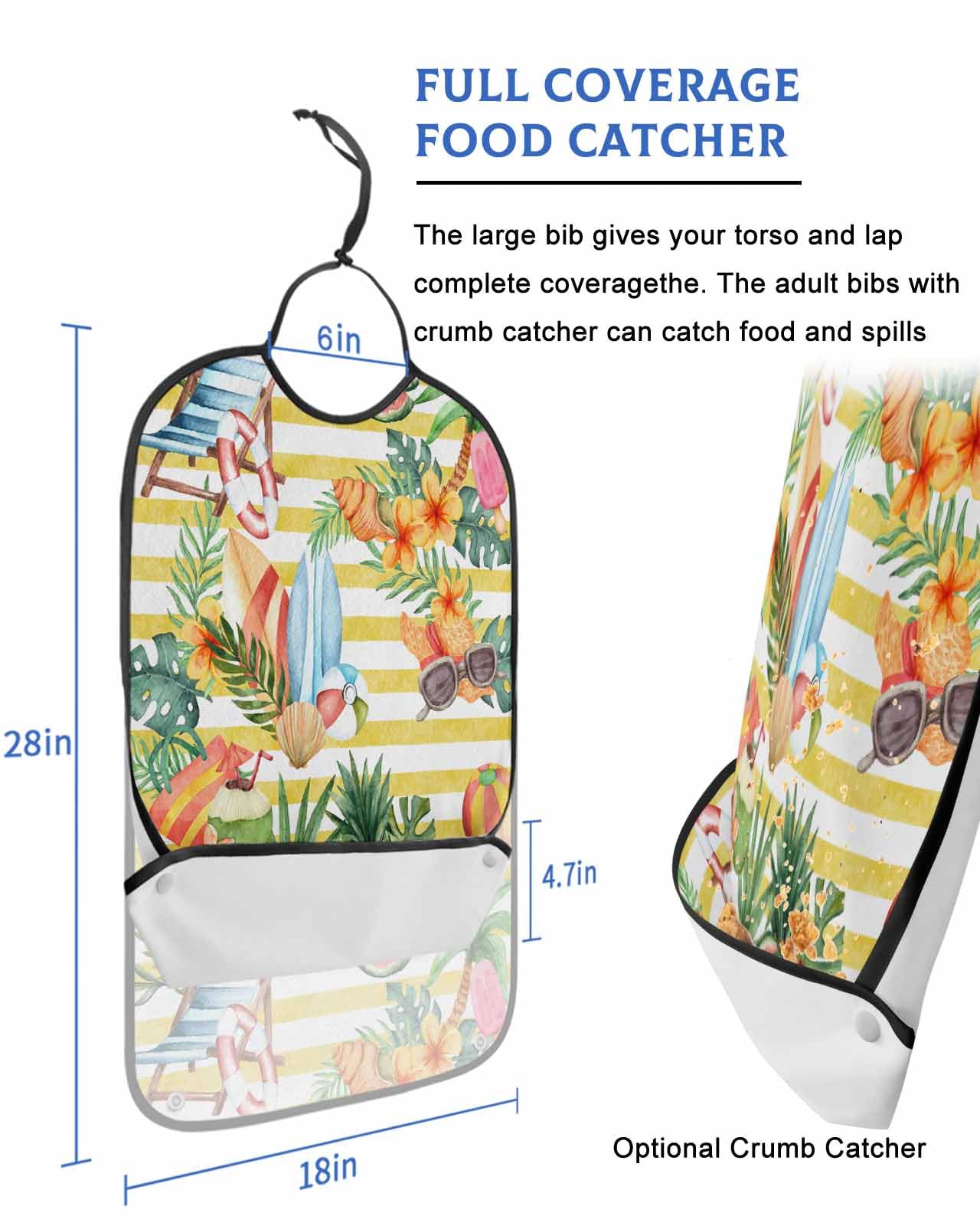LEOKOTI Summer Botanical Adult Bibs for Eating, Waterproof Bibs with Food Catcher & Adjustable Snap Closure, Watermelon Fruits Yellow Striped Washable Clothing Protectors Adult Bibs for Elderly