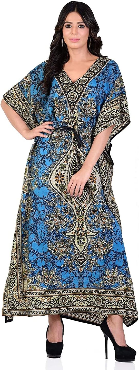 Womens VNeck Maxi Kaftan Tribal Print Loose Fit Plus Size Kimono Dress Beach CoverUp