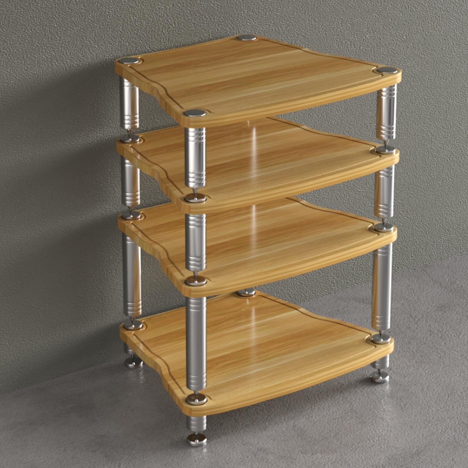Support de rangement multifonction à 4 niveaux en bois pour matériel audio-vidéo avec pieds en métal absorbant les chocs et pieds en acier inoxydable (finition naturelle)