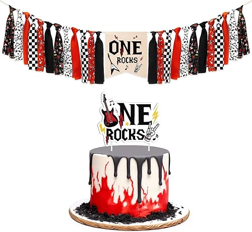 Miniatura 1 de Vansolinne One Rocks - Juego de decoración para silla de alta silla con temática de rock and roll, fiesta de cumpleaños, color negro y rojo,