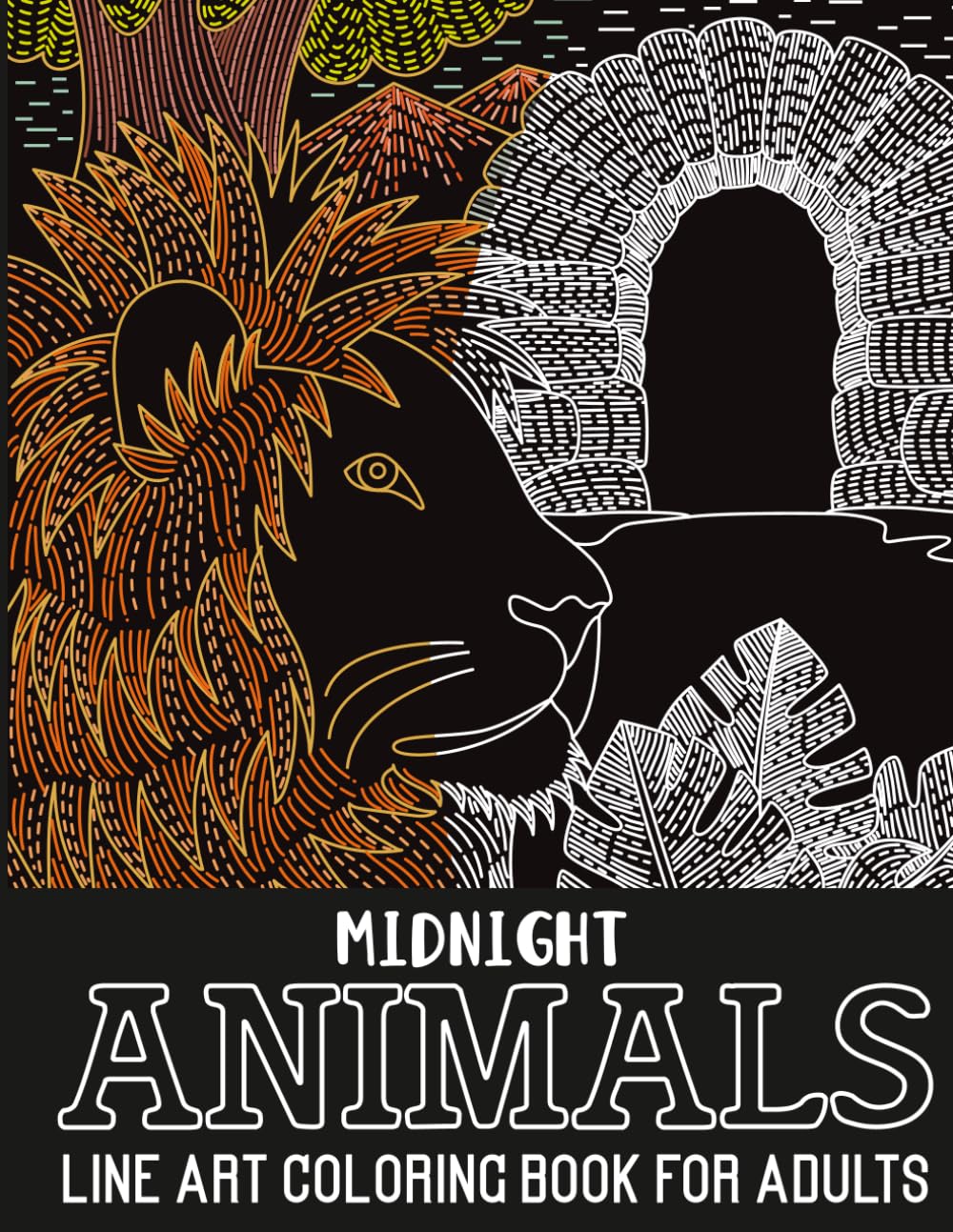 Animals Midnight Line Art Coloring Book for Adults: Intricate White Line Designs on Black Pages for Detailed, Relaxing Coloring