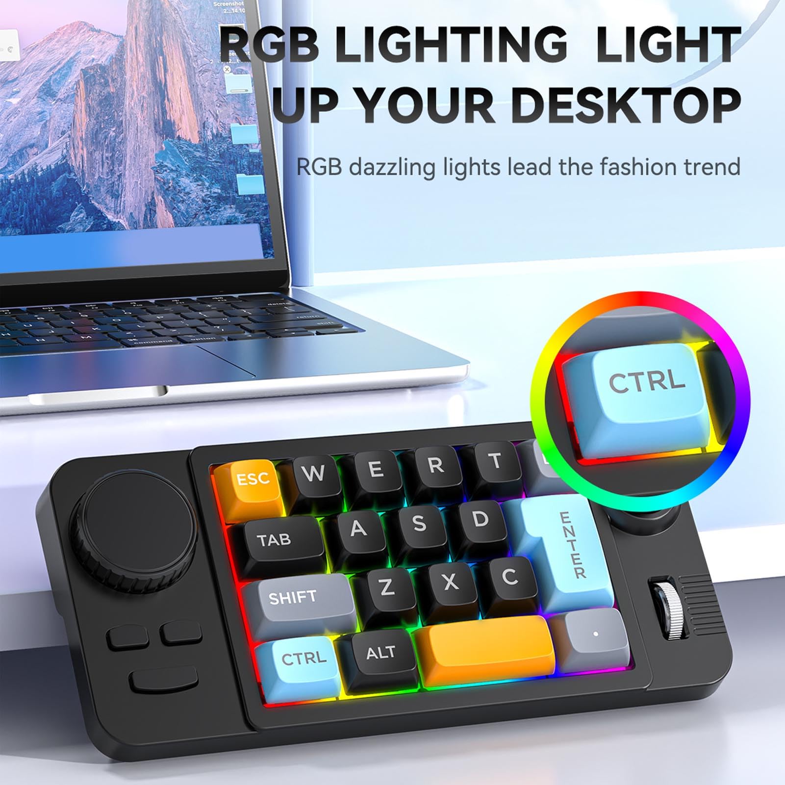 Asixxsix Przewodowa Klawiatura USB C, 19 Programowalnych Klawiszy Mechanicznej Klawiatury Jednoręczna Klawisza do Gier Makro z Podświetleniem RGB i Roller Roller Joystick Control
