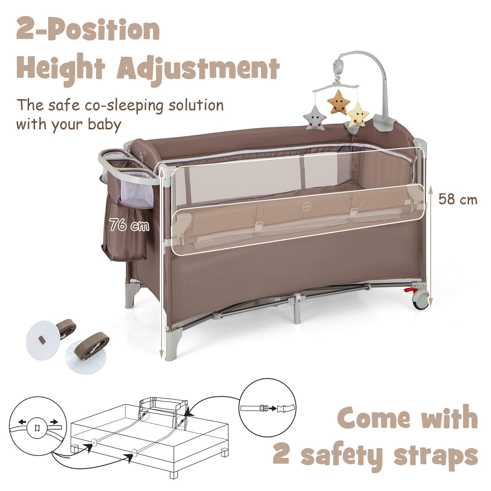 LIFEZEAL Lettino da Campeggio, Lettino per Bambini 0-3 Anni, Culla da Viaggio, Box, Co-sleeping, con Materasso, Fasciatoio, Giostrina, Ruote, Borsa, Pieghevole, Portatile, 125x65x119 cm (marrone)