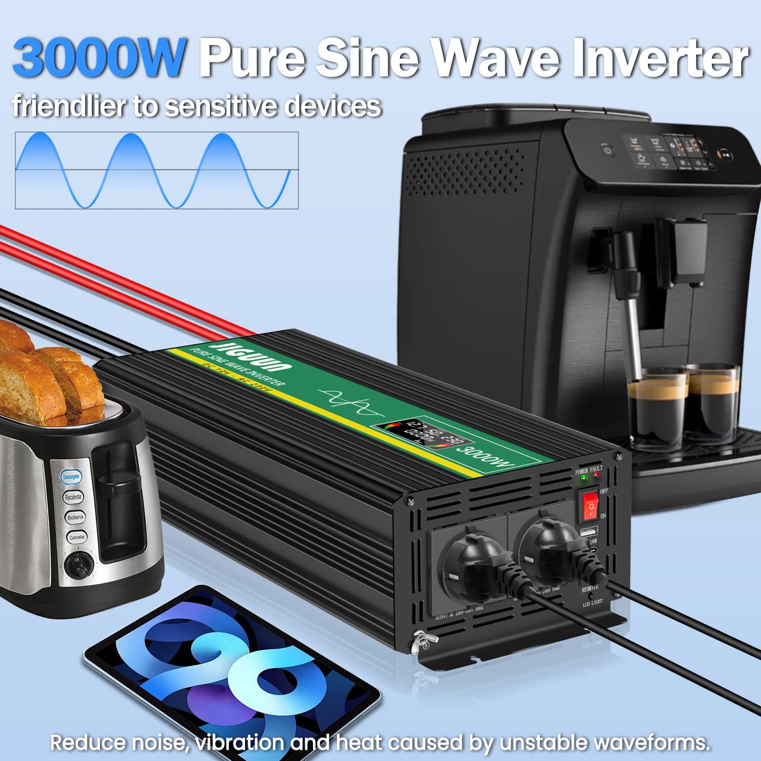 JIGUUN 3000W 6000W Wechselrichter Spannungswandler 12V auf 230V Reiner Sinus mit LCD-Anzeige,5M Fernbedienung,2 EU Steckdosen,1 USB,Geeignet für Wohnmobil,Camper,LKW